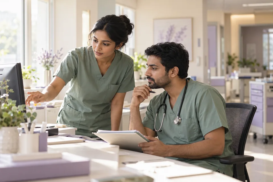 Healthcare colleagues coordinating a handoff