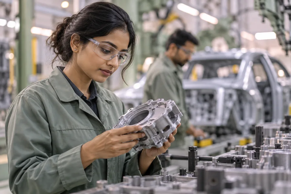 An engineer reviewing a component beside the line
